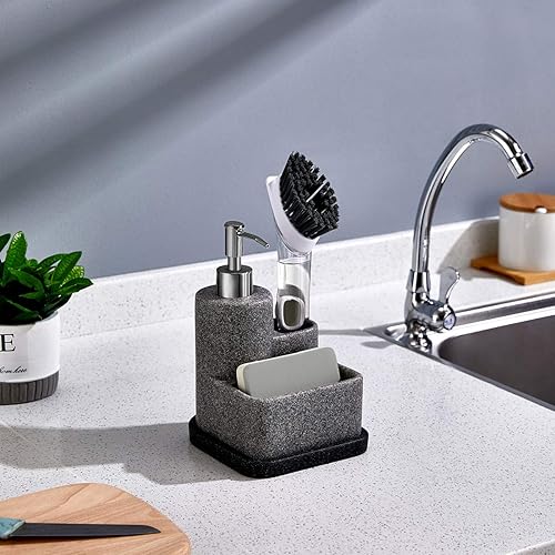 Miniatura 5 de ZCCZ Dispensador de jabón negro con soporte para esponja, dispensador de jabón de cocina, organizador de esponja y soporte para cepillo 3 en 1,
