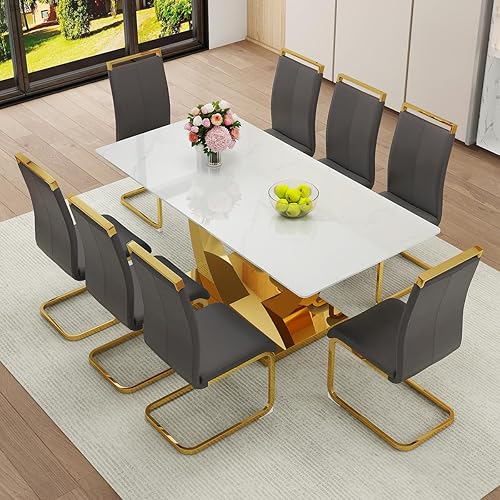 Miniatura 46 de Juego de mesa de comedor de mármol sintético para 6, mesa de comedor moderna de 71 pulgadas para 6, mesa de cocina dorada de lujo y 6 sillas de Mesa