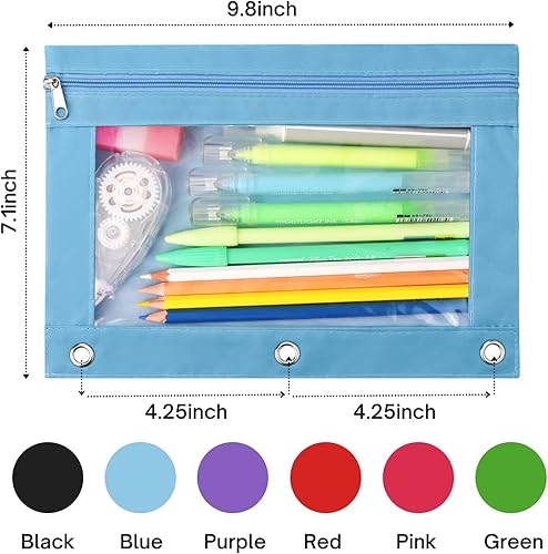 Miniatura 3 de ACRSIKR Estuche para lápices de 3 anillos, con cremallera, estuche para lápices, estuche para cosméticos, paquete de 2 unidades, color negro,