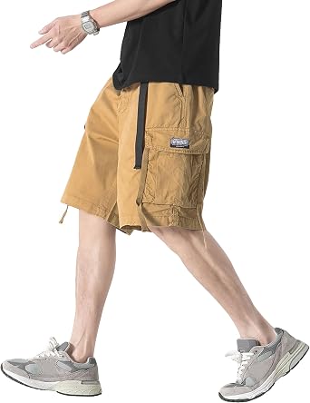 Mens Khaki Cargo Shorts Loose Fit Elastic Waist Belted Multi-Pocket Cotton Casual Work Pants Big & Tall Summer
