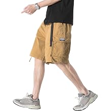 Men's Khaki Cargo Shorts Loose Fit Elastic Waist Belted Multi-Pocket Cotton Casual Work Pants Big & Tall Summer