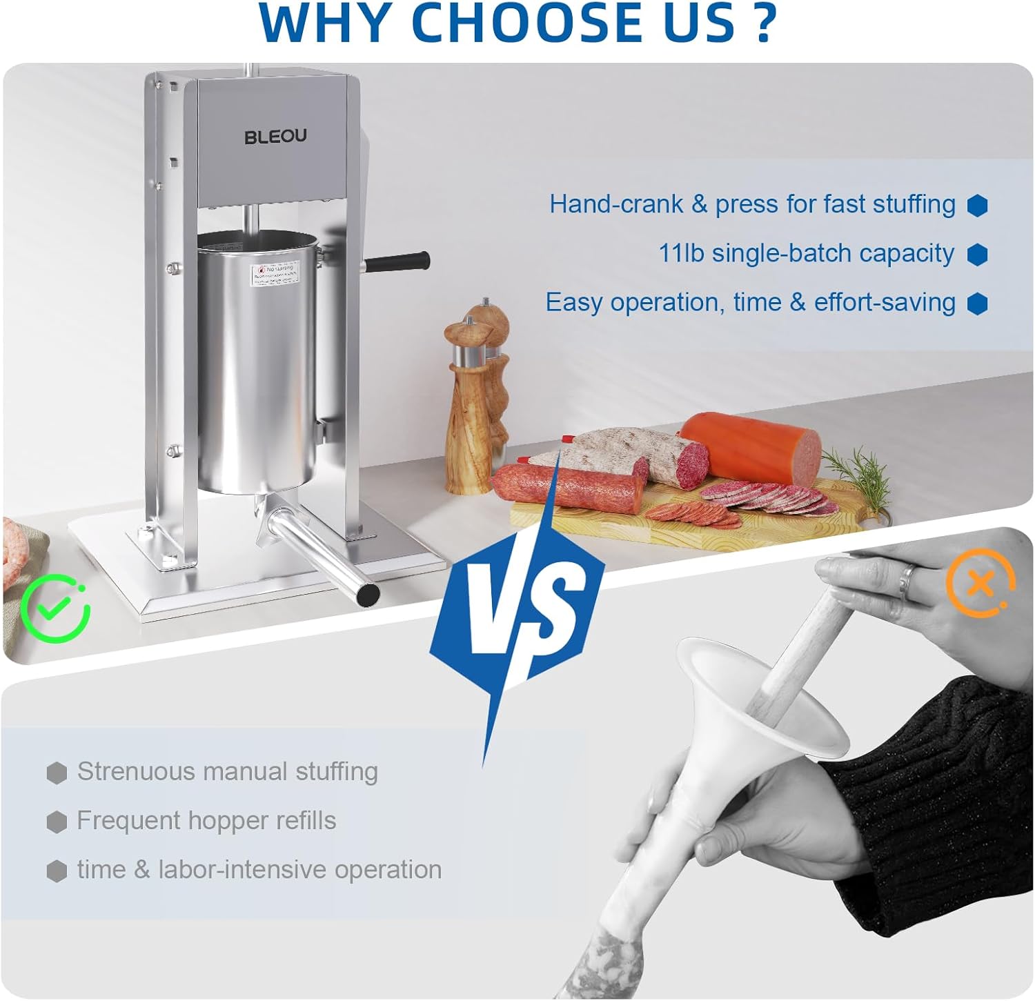 BLEOU 5L Vertical Sausage Stuffer, 304 Stainless Steel Meat Stuffer with Dual Speed, Air Release Valve & 4 Stuffing Tubes for Commercial Restaurant Home Kitchen