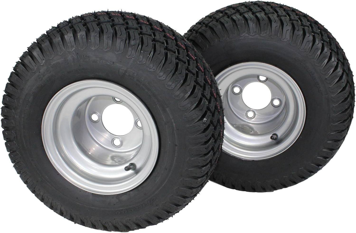 18x8.50-8 with 8x7 Hustler Chrome Silver wheels (Set of 2 Assemblies)