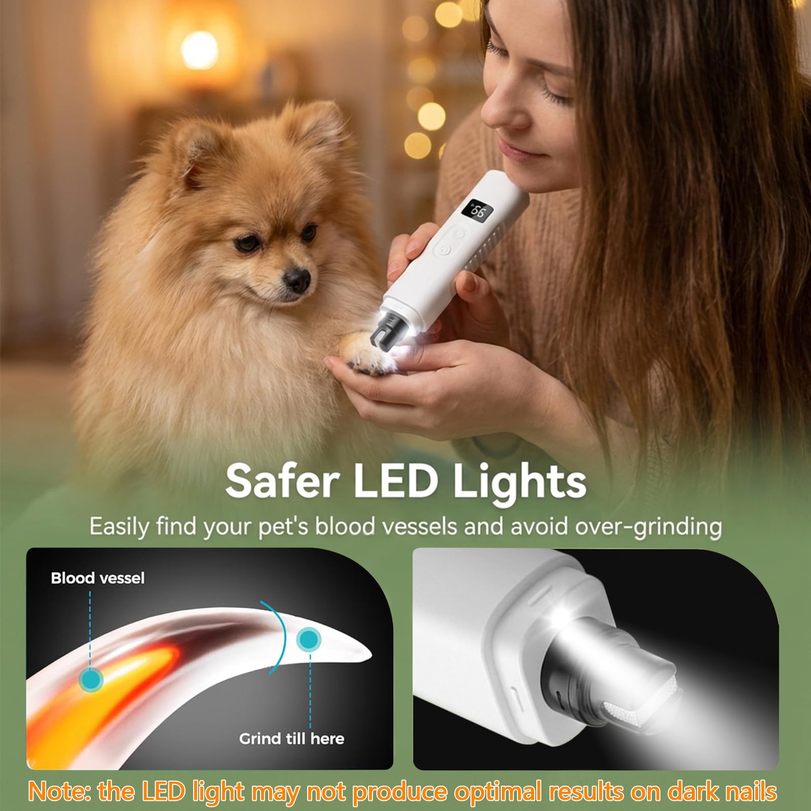 Ultra Quiet Dog Nail Grinder with LED Light, Cats & Dog Nail Trimmers, Anti-slip Dog Nail Clippers, High Speed Grinder for Cats, Small Medium Large Dogs, 3-Speed Adjustable, Replacement Grinding Heads - image 3