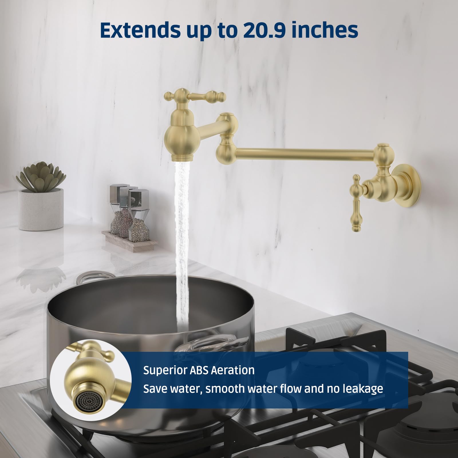 Grifo de latón de 23 pulgadas, oro cepillado, montaje en pared sobre estufa, grifo de agua, 2 asas plegables y elásticas