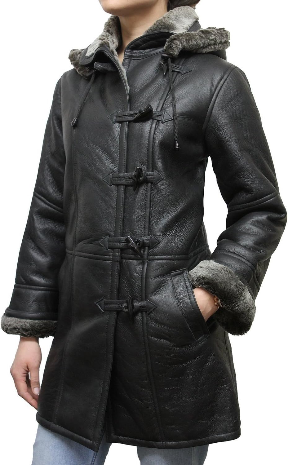 BRANDSLOCK Womens Duffle Genuine Shearling Sheepskin Leather Trench Bomber Coat
