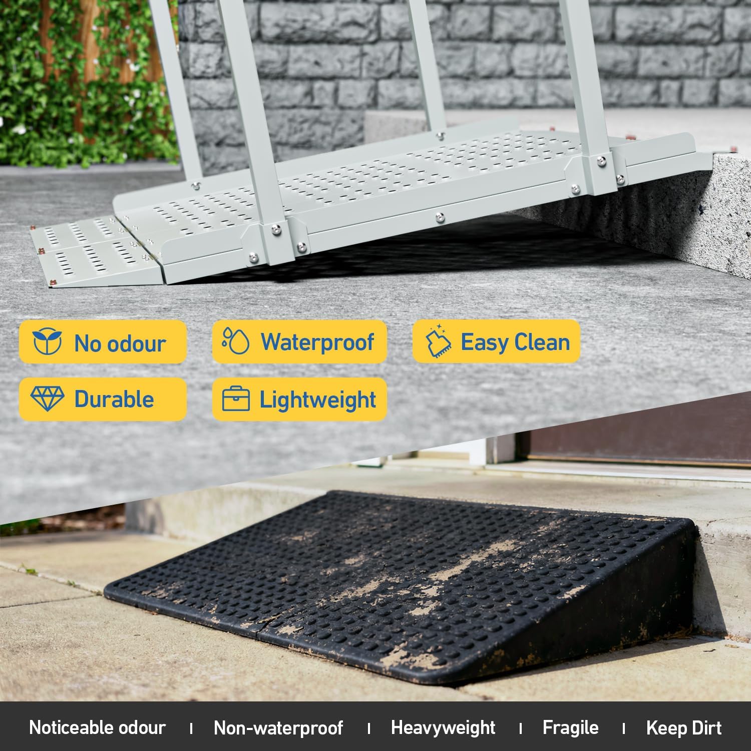 Portable Wheelchair Ramp with Handrails, 1-7" Aluminum Handicap Ramp for Home Steps, Stairs, Porches, Heavy Duty Folding Threshold Ramp with Non-Slip Surface & Safety Rails, Supports up to 770 lbs