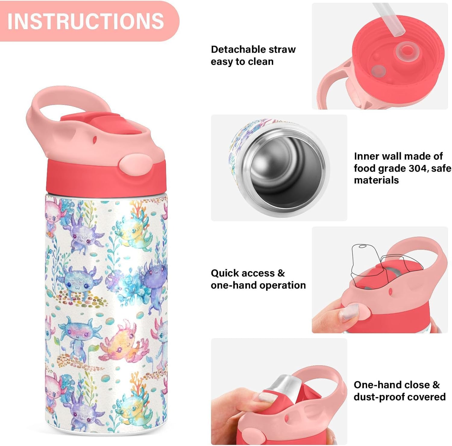 Cute Axolotl Stainless Steel Water Bottle for kids - 12 Ounce Stainless Steel Vacuum Insulated Water Bottle for Girls children,Double Wall Vacuum Insulated Bottles - Image 5