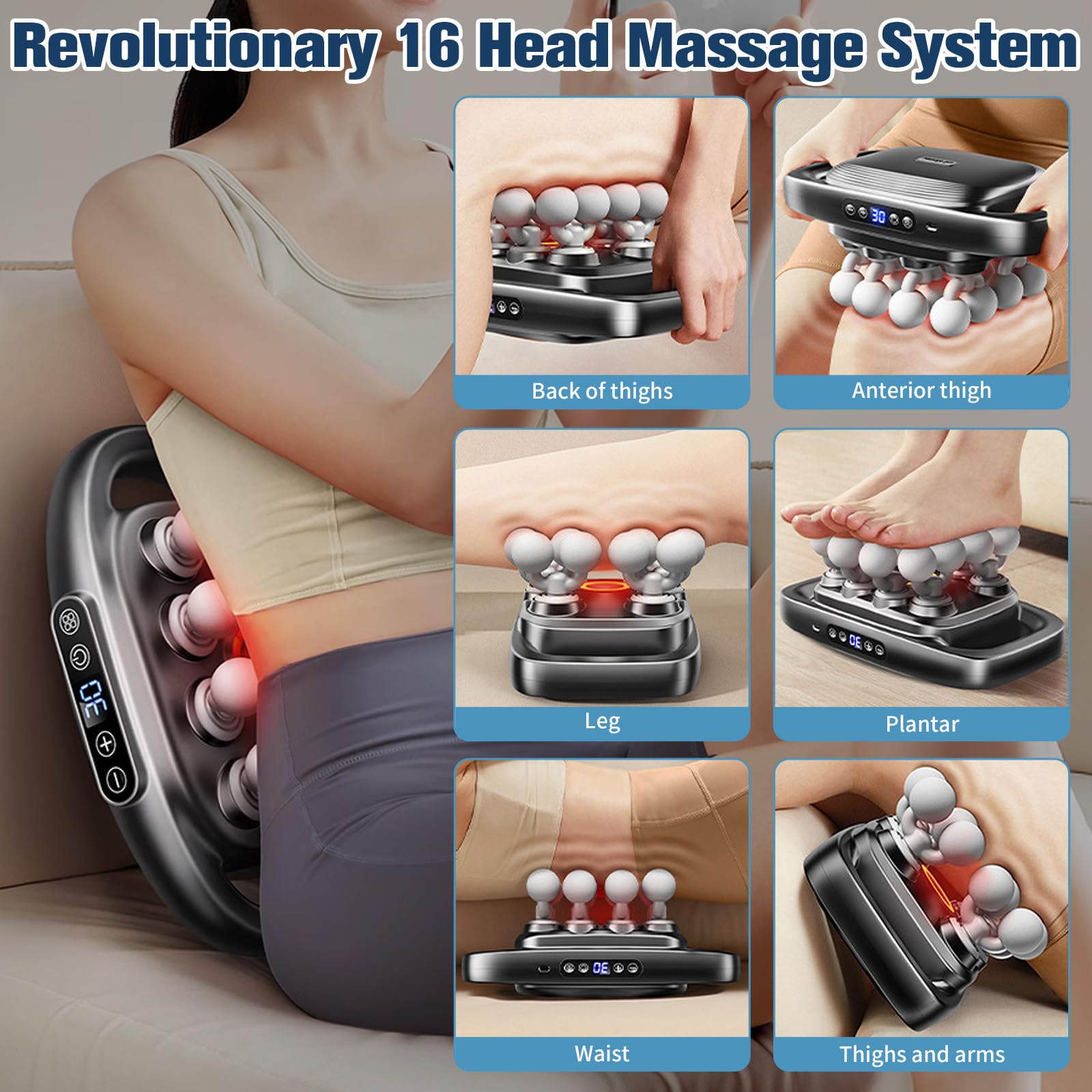 16-Kopf Massagepistole mit Rotlicht, Upgrade Tiefengewebe-Muskelmassage für Rücken & Nacken, Nackenmassagegerät mit 30 Stufen,3 Modi, leise, Elektrisches Massagegerät für Beine Arme Rücken Ganzkörper