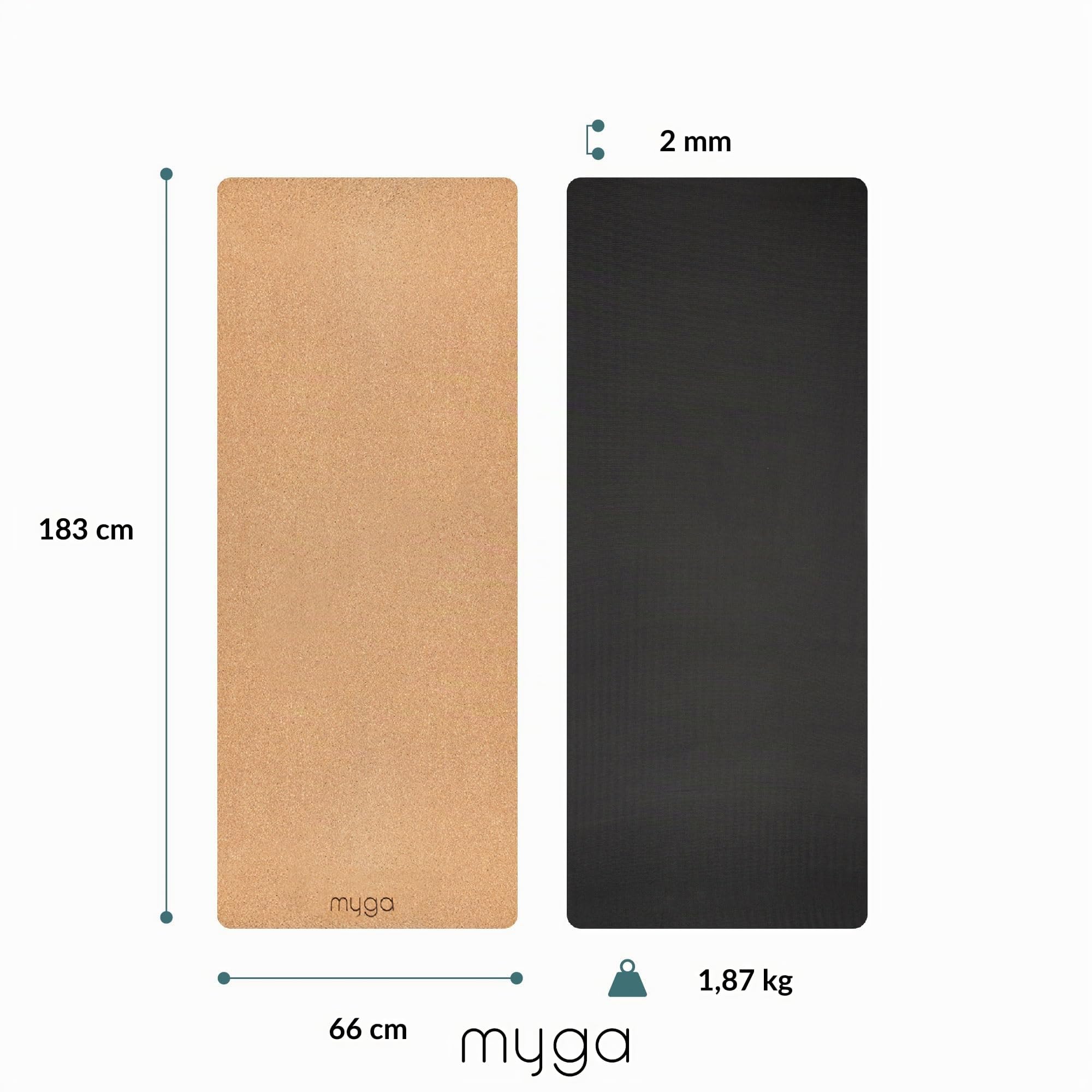 Myga Kork Yogamatte | Rutschfest & Leicht zu tragen – Extra Dünn 2 mm | Ideal für Yoga, Pilates, Meditation & Fitnessübungen | 183 cm x 66 cm | Naturkork