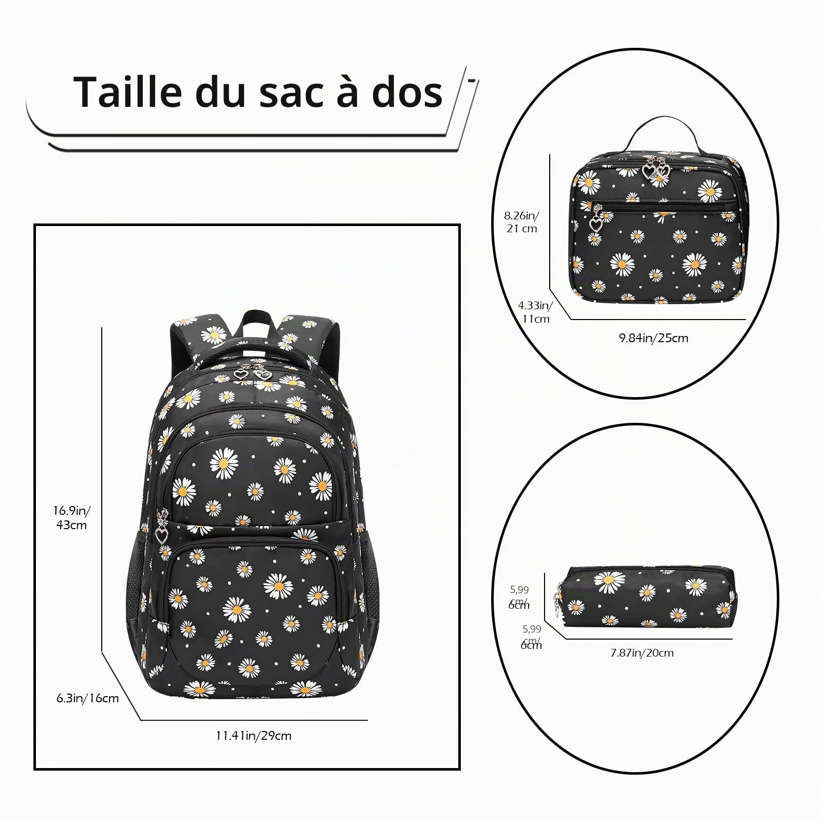 Ensemble de sac à dos imprimé Daisy 3 pièces résistant à l'eau, léger pour l'école secondaire, noir