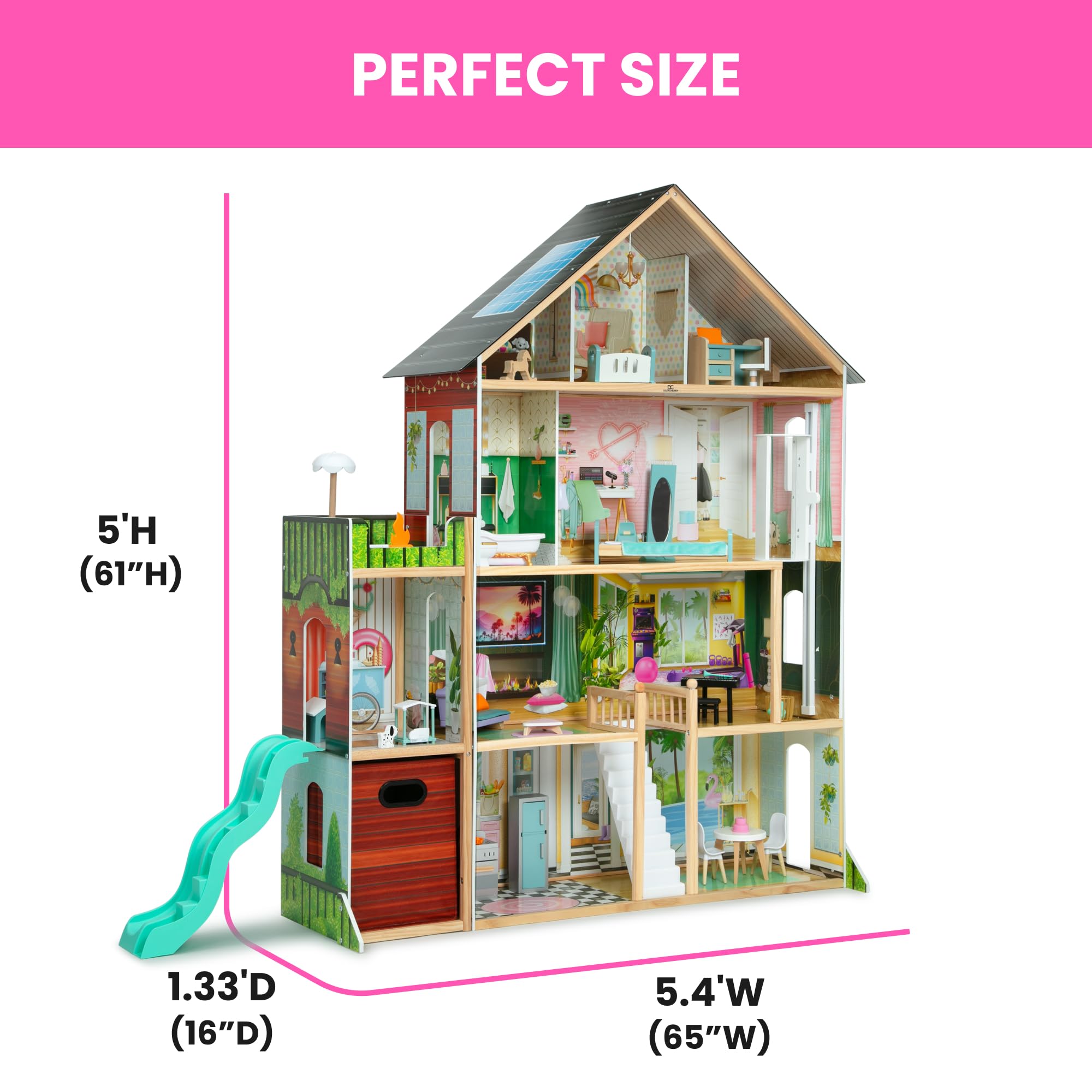 Delta Children Deluxe Maui domek dla lalek - duży 4-piętrowy domek dla lalek z 12 pokojami zawiera 50 akcesoriów - winda robocza, zjeżdżalnia falista, światła/dźwięki - pasuje do lalek 30 cm - prezent