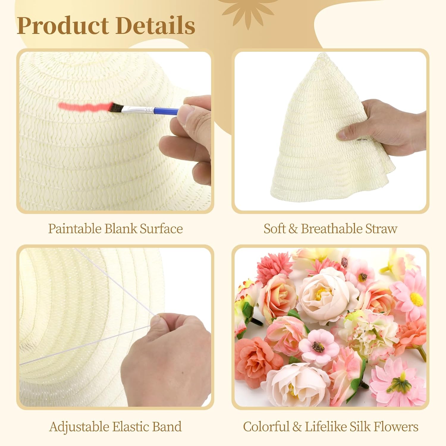 OMISTAR 112 Pcs DIY Straw Hat Kit, Tea Party Hats, Paintable Blank Sun Hats with Assorted Faux Flowers and DIY Accessories, Party Craft Kit for Camping, Picnic, Beach Trip image 3