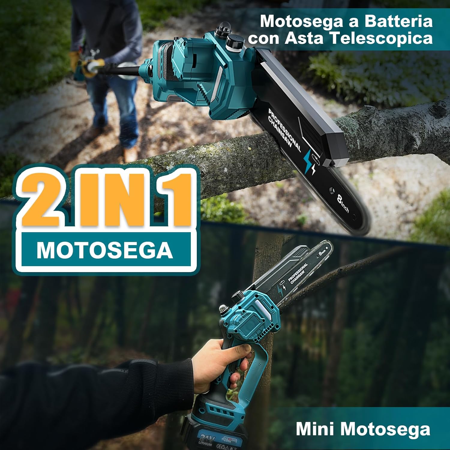 RINOXAR 2-in-1 Cordless Pole Mini Chainsaw in both mini and pole saw configurations, demonstrating its versatility.