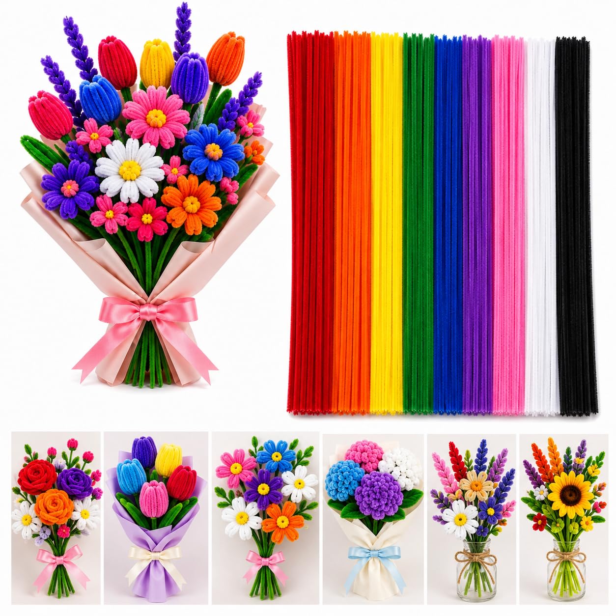 Premium 100 Pcs Pipe Cleaners for DIY Craft Flowers Bouquet Fuzzy Chenille Stems Fluffy Sticks for Arts & Crafts, Creative School Projects, Kids Craft Supplies, Home & Party Decor Floral Decorations-picture-36