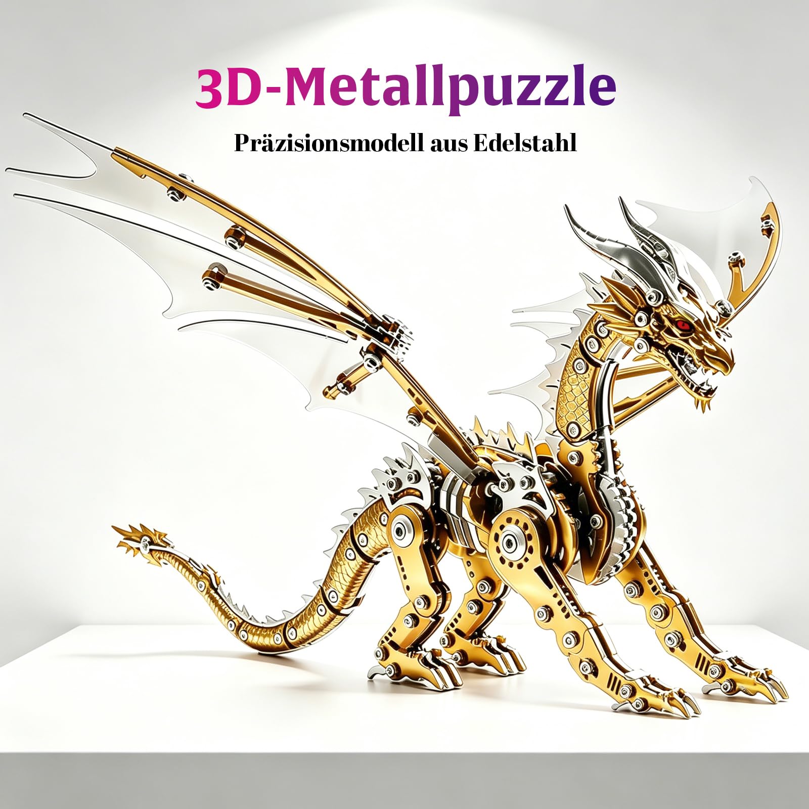 3D-Metallkomponenten-Serie: Kreatives DIY-Puzzle mit Spielspaß und intellektueller Herausforderung für Personen ab 14 Jahren, Roter Wingsaurus (Gold)