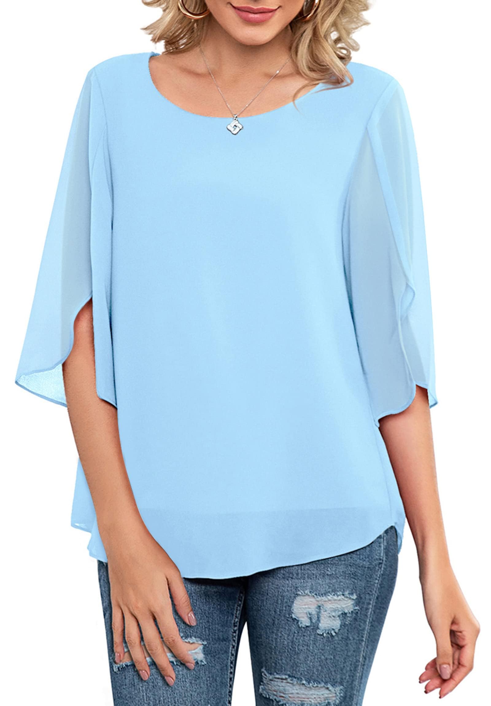Neineiwu Damen Chiffon Tunika Lässig Rundkragen 3/4-Ärmeln Bluse Mesh Fließende Shirts Loose Fit Oberteile