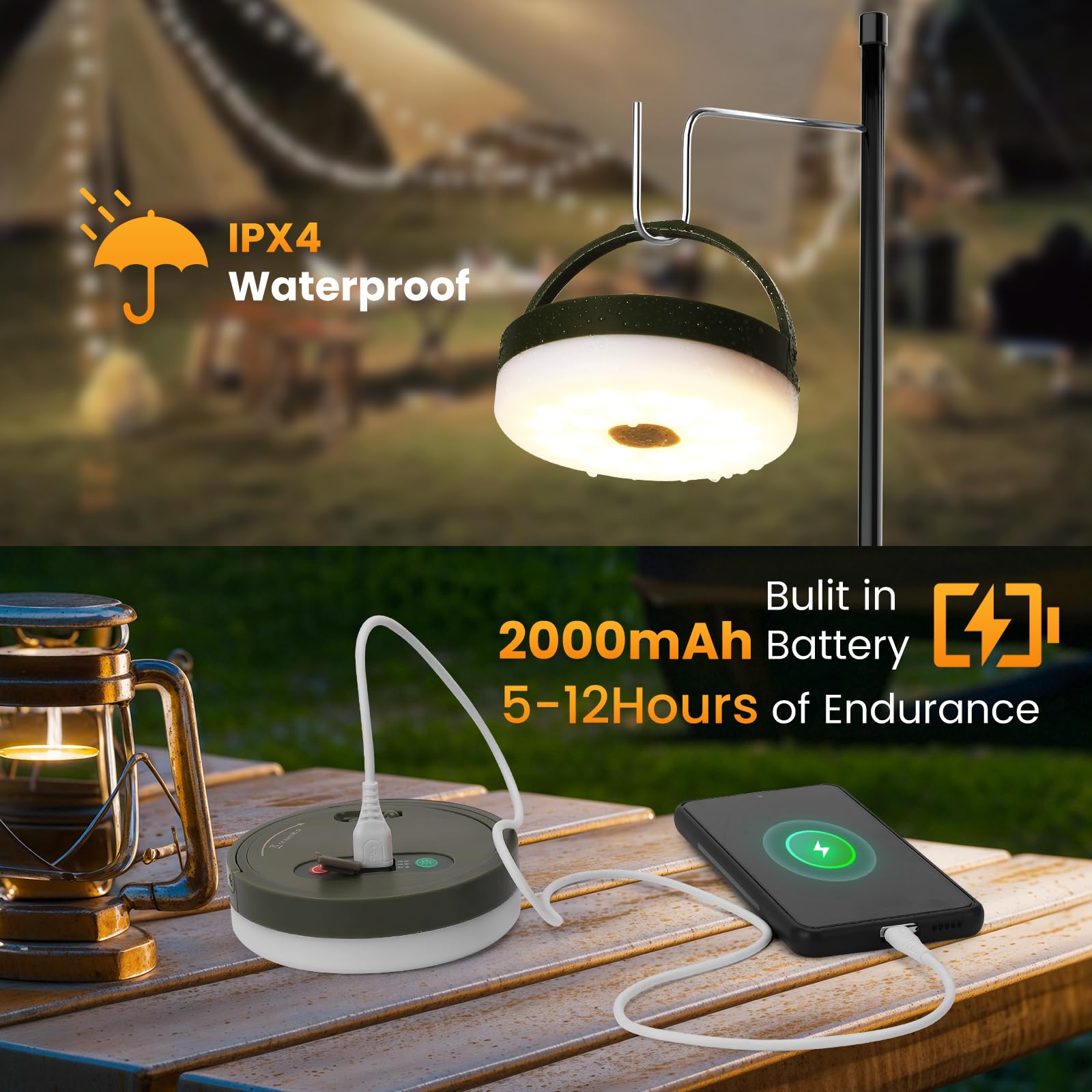 Yizhet Łańcuch światła kempingowego, 10 metrowy sznur kempingowego, Led Ciepły biały i kolorowy, 8 trybów Akumulator USB IPX4 Wodoodporna lampa kempingowa do domu, ogrodu i podwórka, czarny