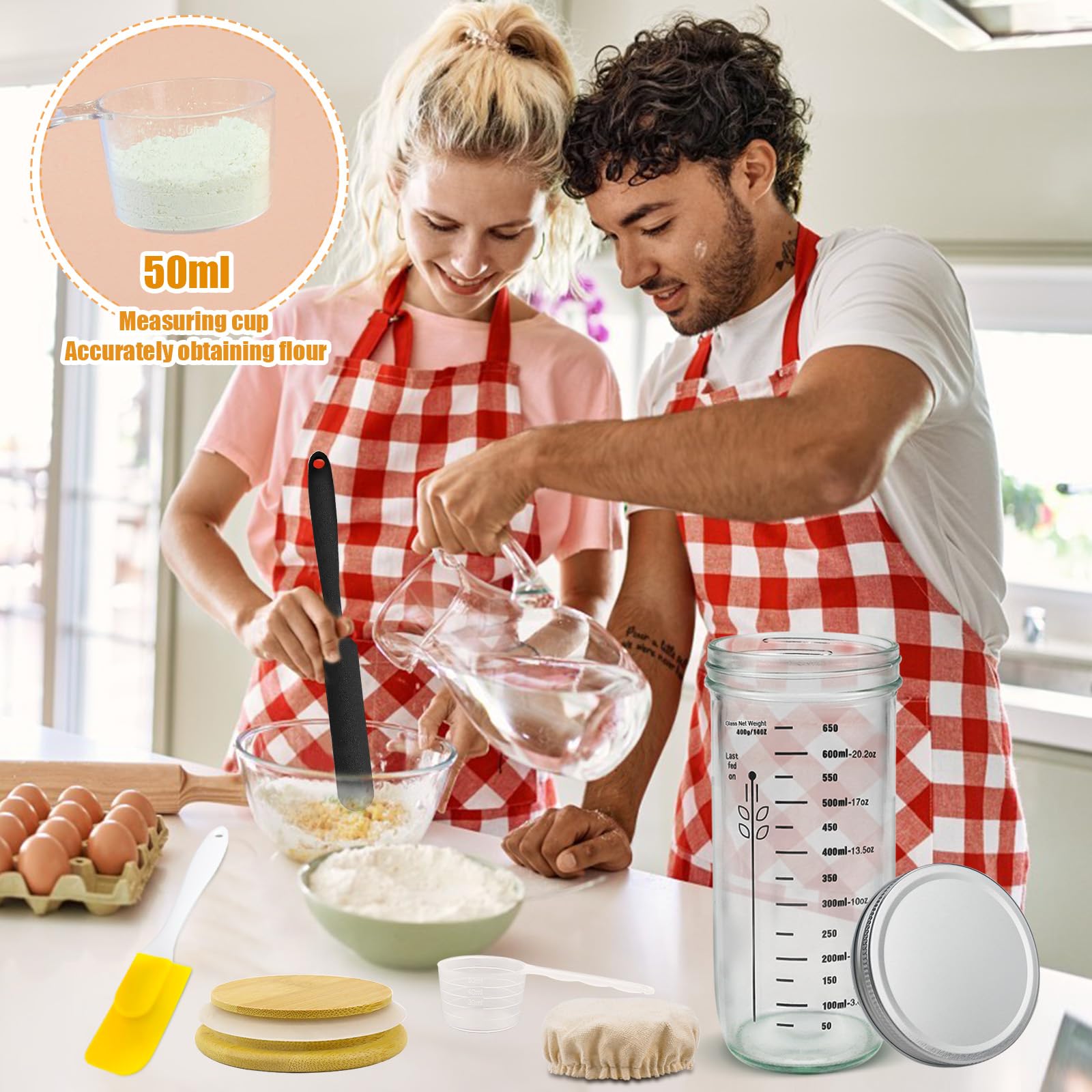 Raxfekro Zestaw startowy do zakwasu, ze szklankami startowymi z aluminiową nasadką, gumową taśmą, papierem termometrem, silikonową szpatułką, kapeluszem materiałowym, etykietą do pieczenia chleba na