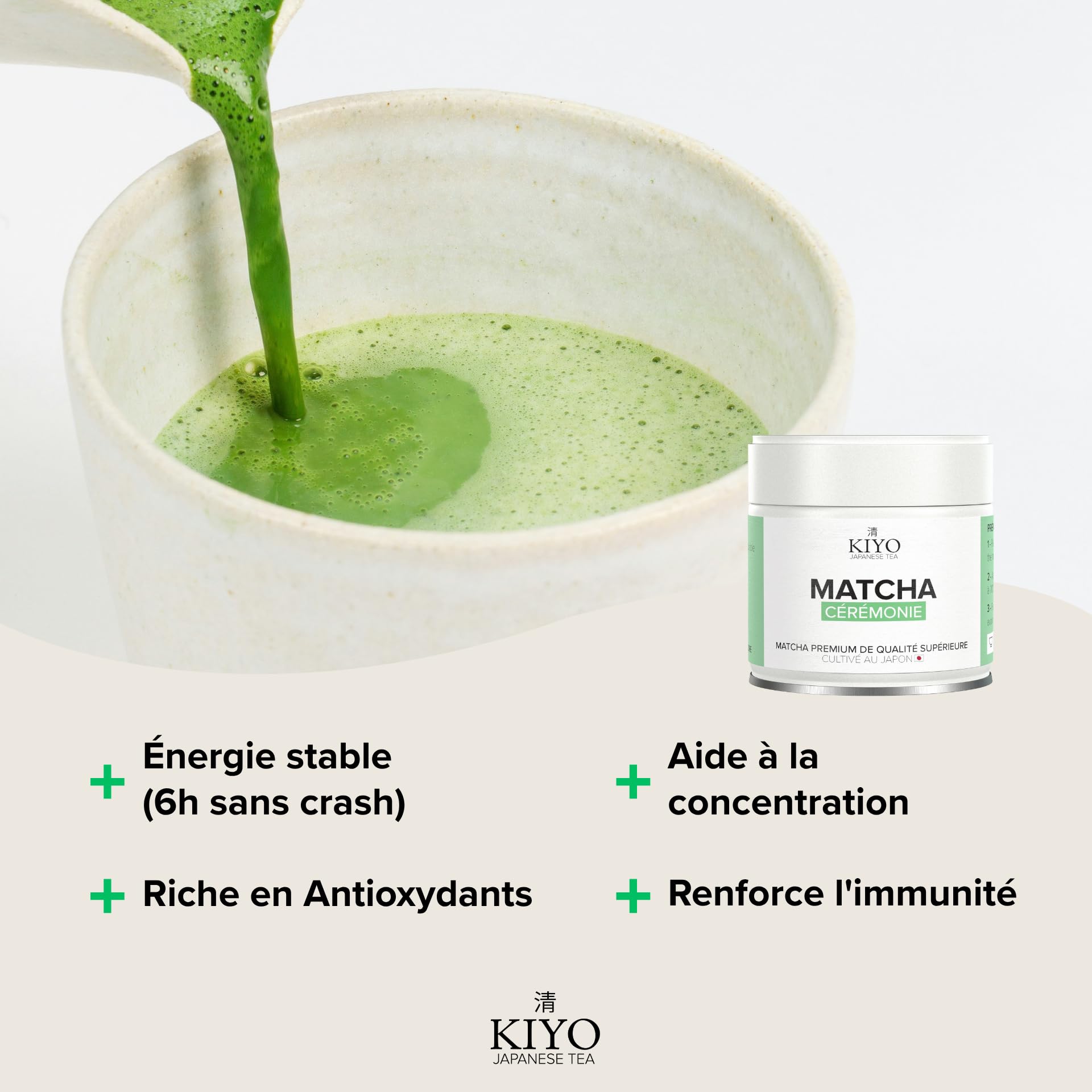 KIYO Kit Matcha Complet Blanc – Fouet Chasen 100 Brins, Bol Chawan Céramique, Cuillère & Support | Matcha Cérémonial Japonais | Coffret Cadeau Premium