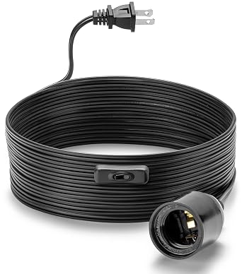 Hanging Light Cord 15Ft - Black, Pendant Light Cord with E26 Light Bulb Socket, On/Off Switch, Polarized Plug, Hanging Lantern Cord, Plug in Pendant Light Cord No Bulb
