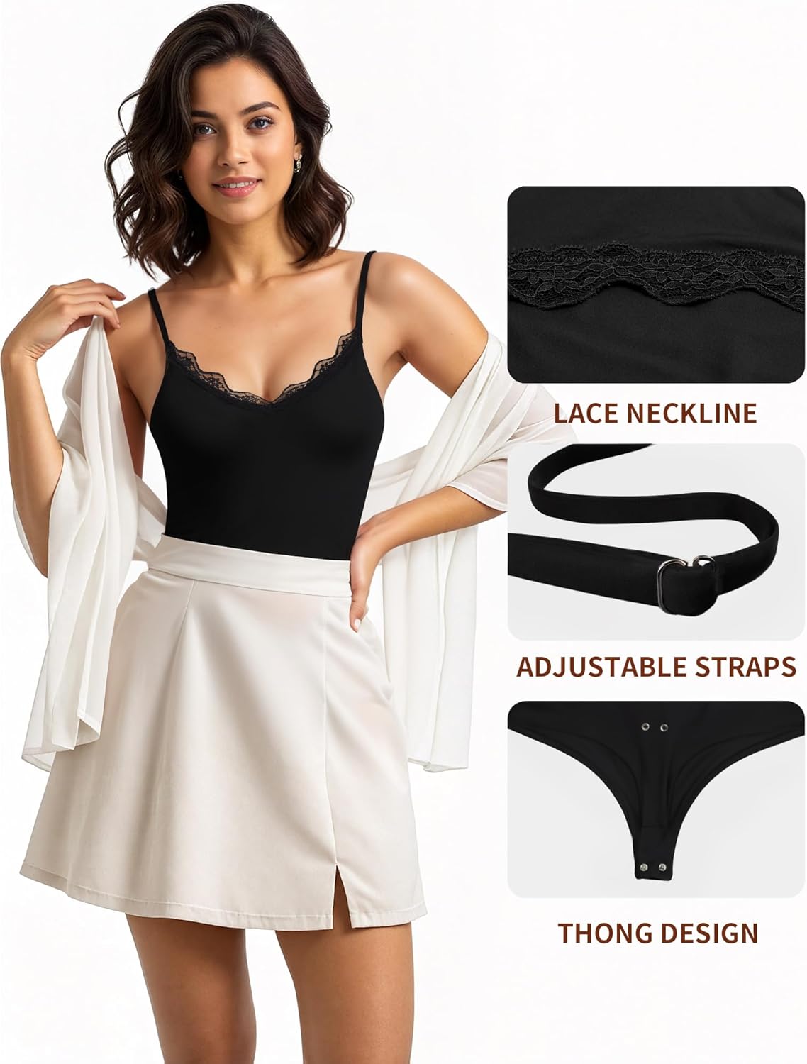 MANGOPOP Women's Cami Thong Bodysuit Double Lined Plunge Deep V Neck Backless Body Suit Adjustable Spaghetti Strap Tank Tops - Image 4