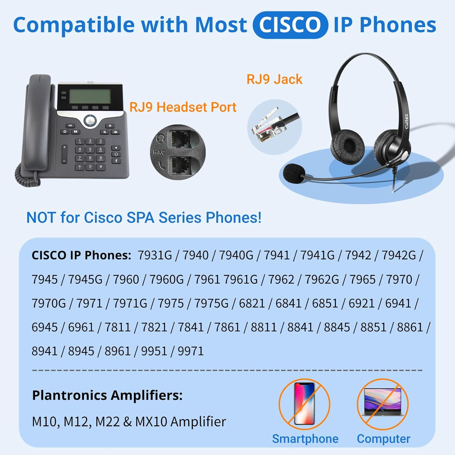 Callez RJ9 Phone Headset with Mic Noise Cancelling, Office Telephone Headset with Quick Disconnect Cord Compatible with Cisco IP Phones 7940 7941 7942 7945 7960 7962 7965 7821 7841 8811 8841 8845 8851