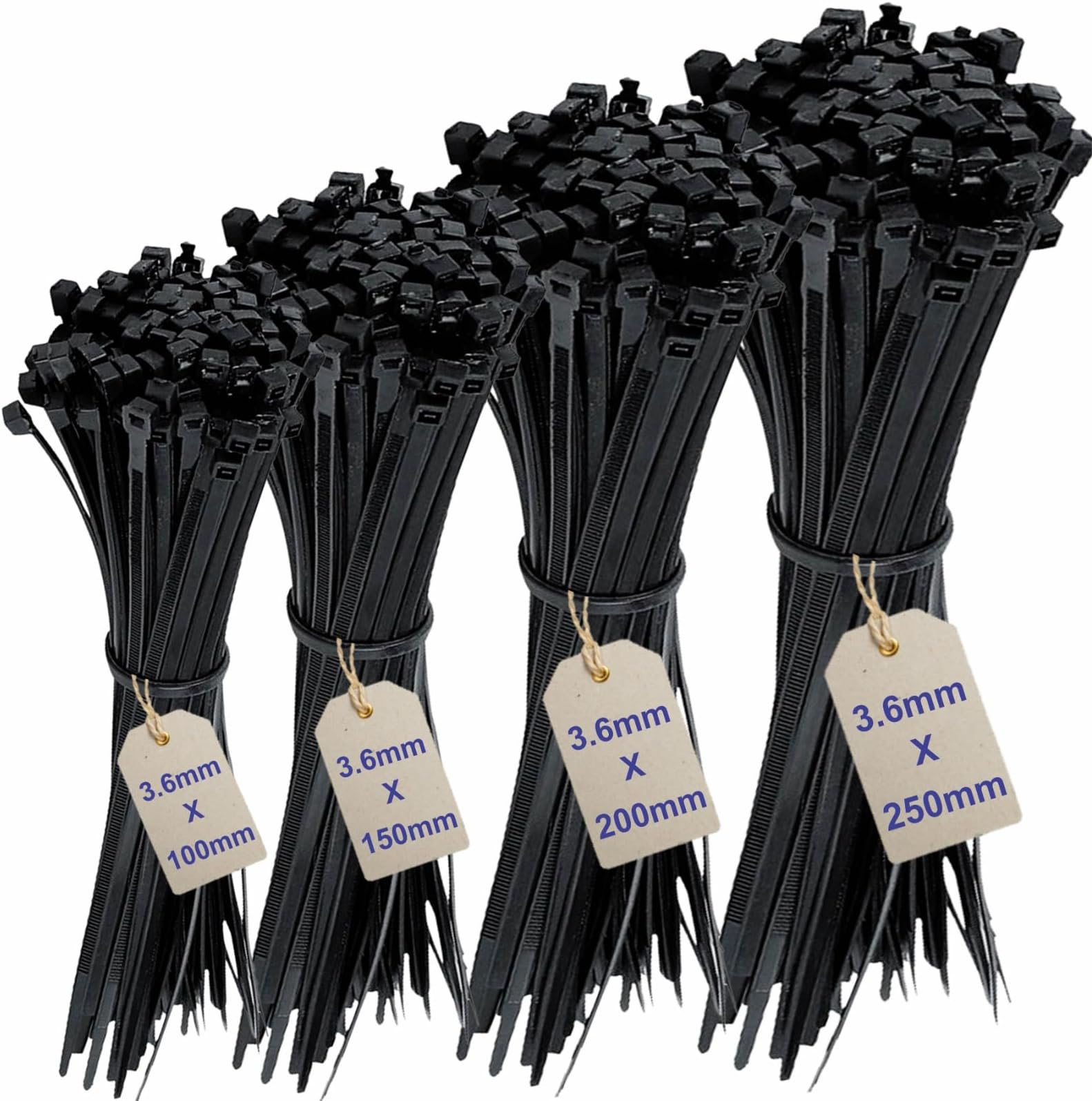 200Pcs Cable Ties Assortment -Mix Black Zip Ties Set with 4 Sizes (100/150/200/250mm) x 3.6mm Heavy Duty Nylon Cable Ties for Wire Management, Black Cables Ties Heavy Duty Zip Ties