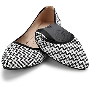 KUNWFNIX Women's Ballet Flats Foldable Classic Crown Rhinestone Slip On Flowers PU Leather Pointed Toe Comfort Flat Casual Dress Shoes 7.5 #05_black