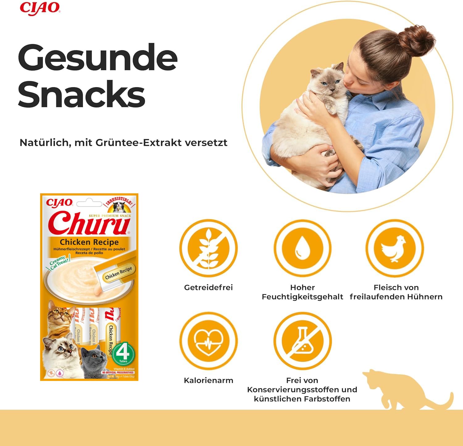 INABA Churu Puree Katzenleckerlis Creamy Snacks, Hochwertige Proteine mit Huhn 56 g (12er Pack), Katzensnacks in Premium Qualität