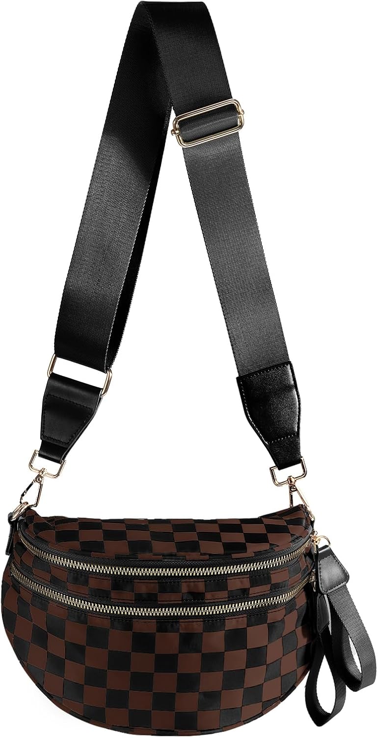 Black and White Checkered Crossbody Bag Bum Bag for Women,Spacious Checkered Purse Fanny Packs Belt Bag