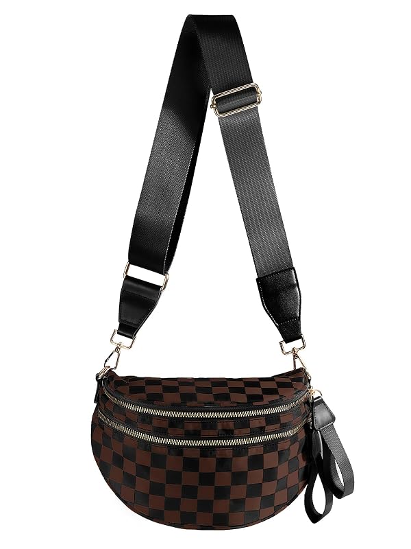 Black and White Checkered Crossbody Bag Bum Bag for Women,Spacious Checkered Purse Fanny Packs Belt Bag (Black-Brown Checkered) by MEISEY - Used condition - US$18.27
