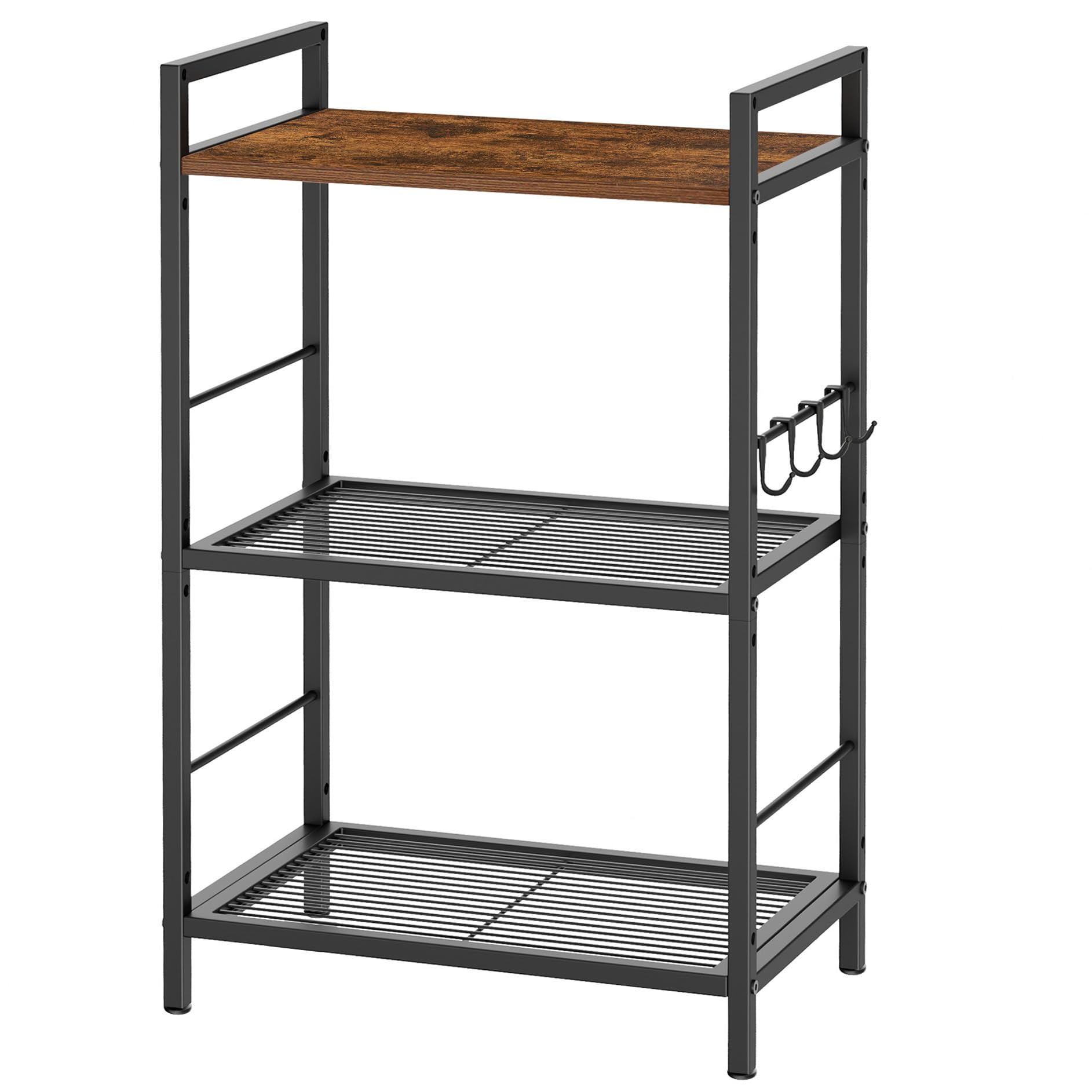 3-Tier Storage Shelves,Brown Wood Top,43W×30Dcm,4 Hooks, Adjustable Shelves