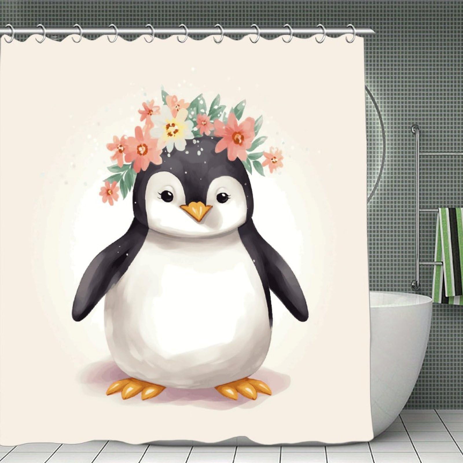 VstaDank Penguin Wearing Flowers Shower Curtain Waterproof Bathroom Curtain with Hooks Luxury Weighted Bath Curtains for Bathtubs Showers Room Dividers Decorative Shower Curtains 71x71 in
