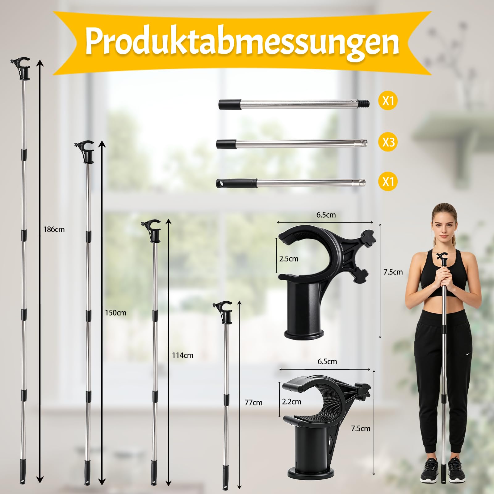 Canne Télescopique Fenêtre de Toit 1,86 m, Perche de Commande avec Crochet pour Ouvrir et Fermer les Fenêtres de Toit et Stores, Compatible VELUX GGL GGU GPL GHL