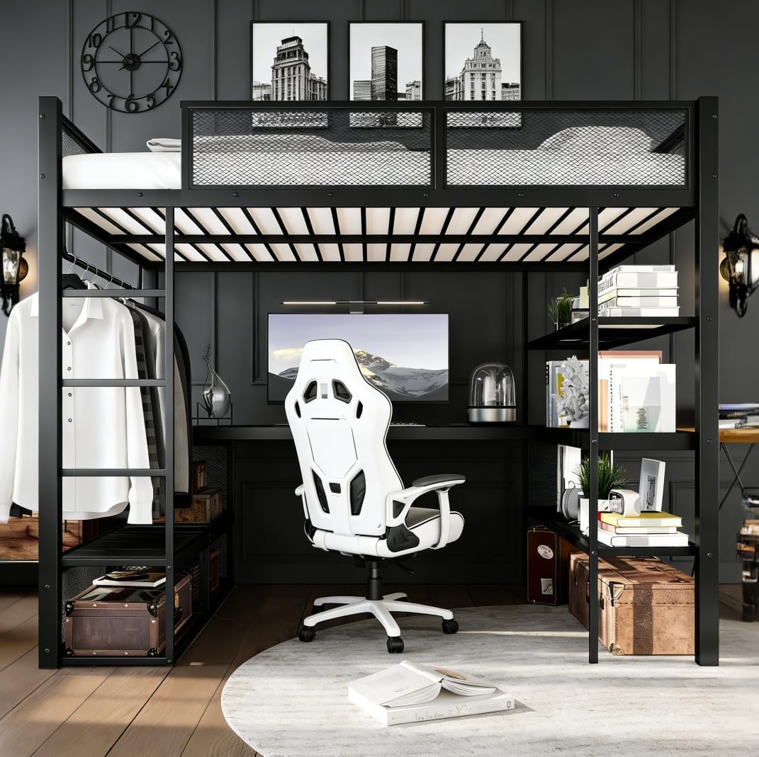 Bellemave Queen Size loft Bed with Desk and Storage Shelves and Hanging Rod, Metal Queen Loft Bed Frame for Adults, Kids, Teens, Black