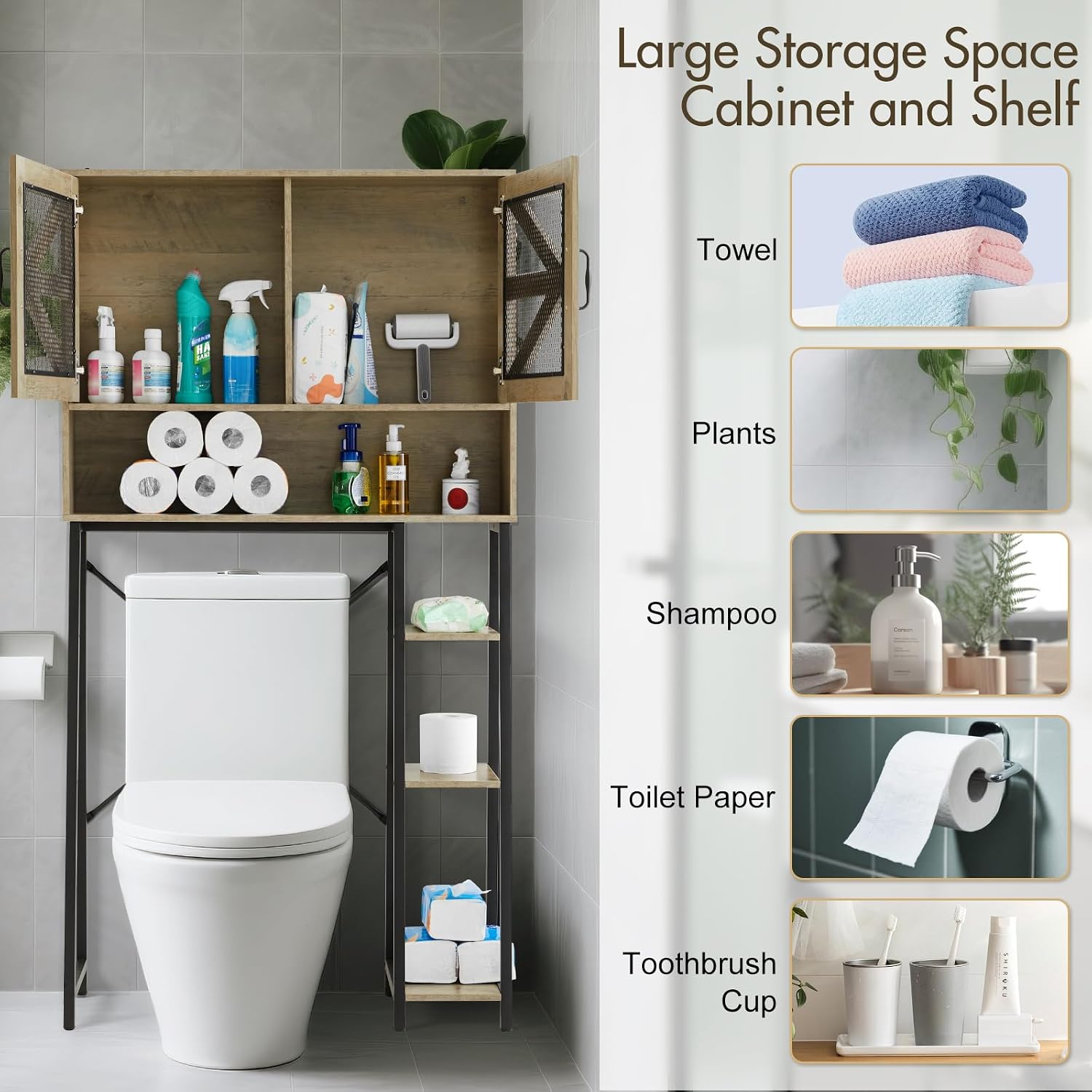 Over The Toilet Storage Cabinet with Barn Doors, Modern Bathroom Organizer with 3 Side Compartments, Space-Saving Storage Shelf for Bathroom & Laundry Room