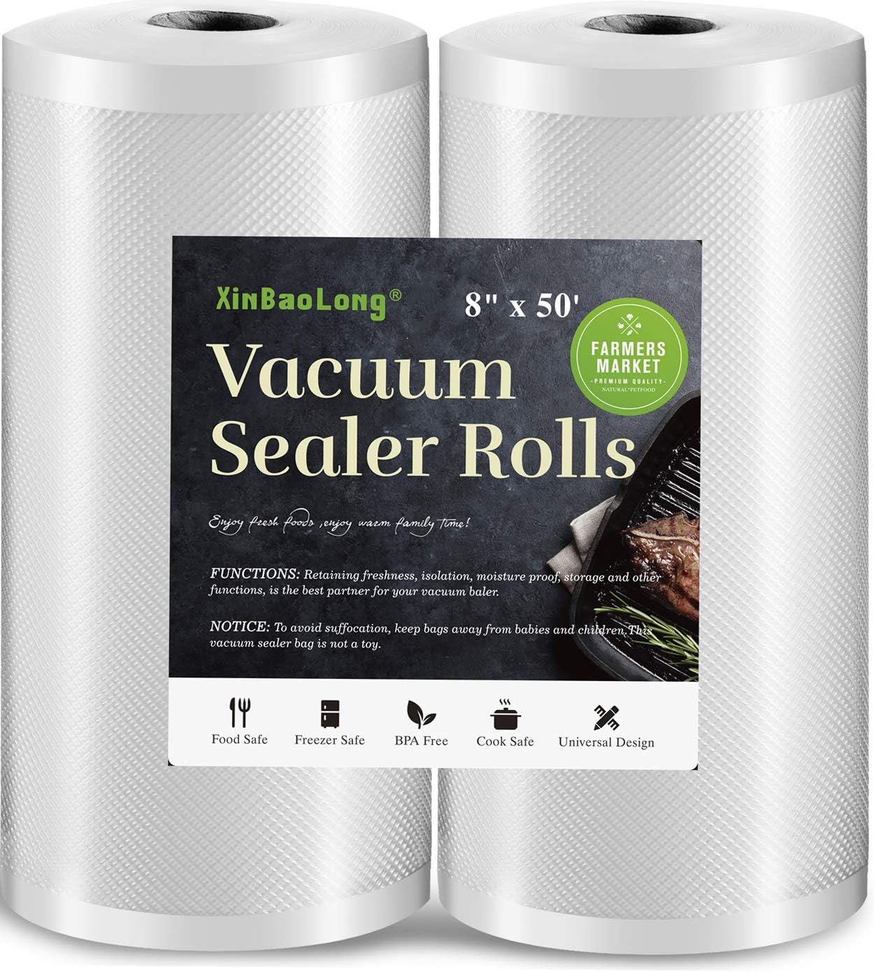 xinbaolong Vacuum Sealer Bags for Food,Seal a Meal Bags Rolls,8inx50 Rolls 2 Pack,,Commercial Grade, Heavy Duty, BPA Free,Great for Vac Storage.Total 100 Feet!!!