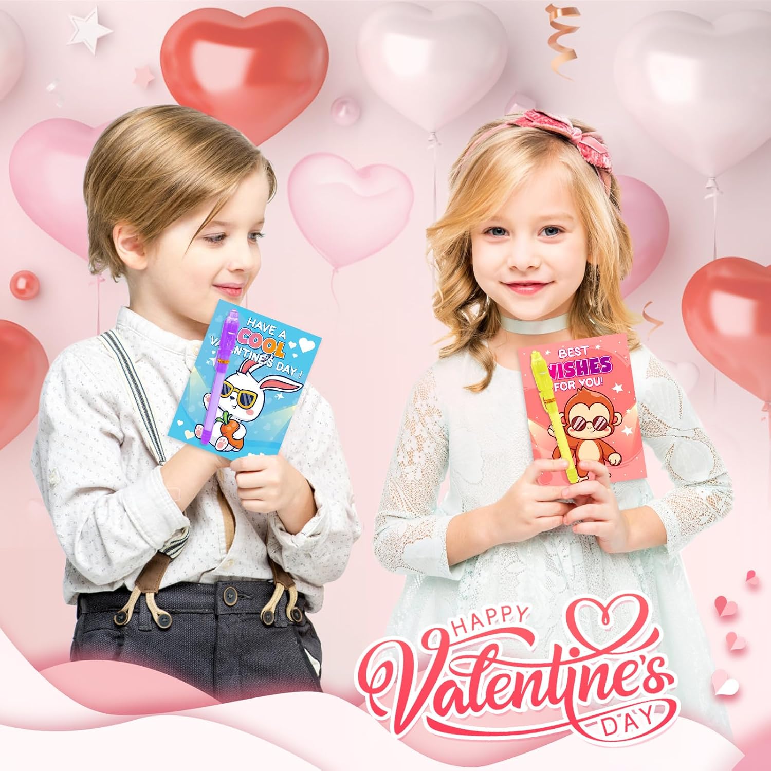 28 Pack Valentine Invisible Ink Pens with Greeting Cards, Valentines Day Gifts for Kids Classroom Exchange, Magic Pen with UV Light for Secret Message, Valentines Cards for Kids Valentine Party Favors