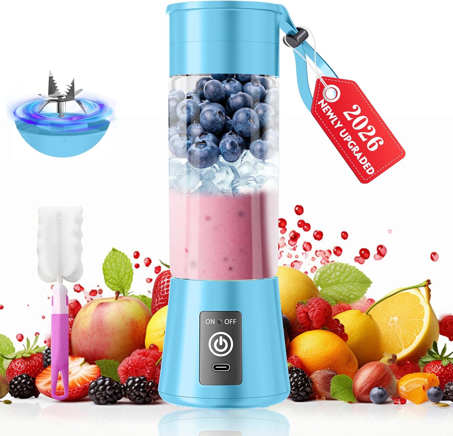 2026 Newly Upgraded Portable Smoothie Blender - Cordless Personal Blender Type-C Rechargeable, 13Oz Juice Cup BAP Free, 20,000Rpm Speed Powerful Blending, Freshly Squeezed in Sports/Office