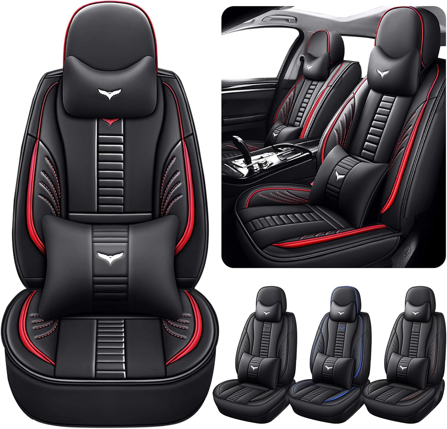 Luxury 2 Seats Car Seat Covers Protectors for Honda Civic 2017-2025, Back Storage Bag Design & Headrest Pillow & Lumbar Support Black & Red Line