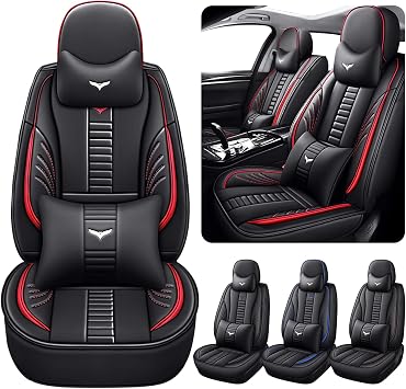 Luxury 2 Seats Car Seat Covers Protectors for Audi 1999-2025 95% Models, Back Storage Bag Design & Headrest Pillow & Lumbar Support Black & Red Line