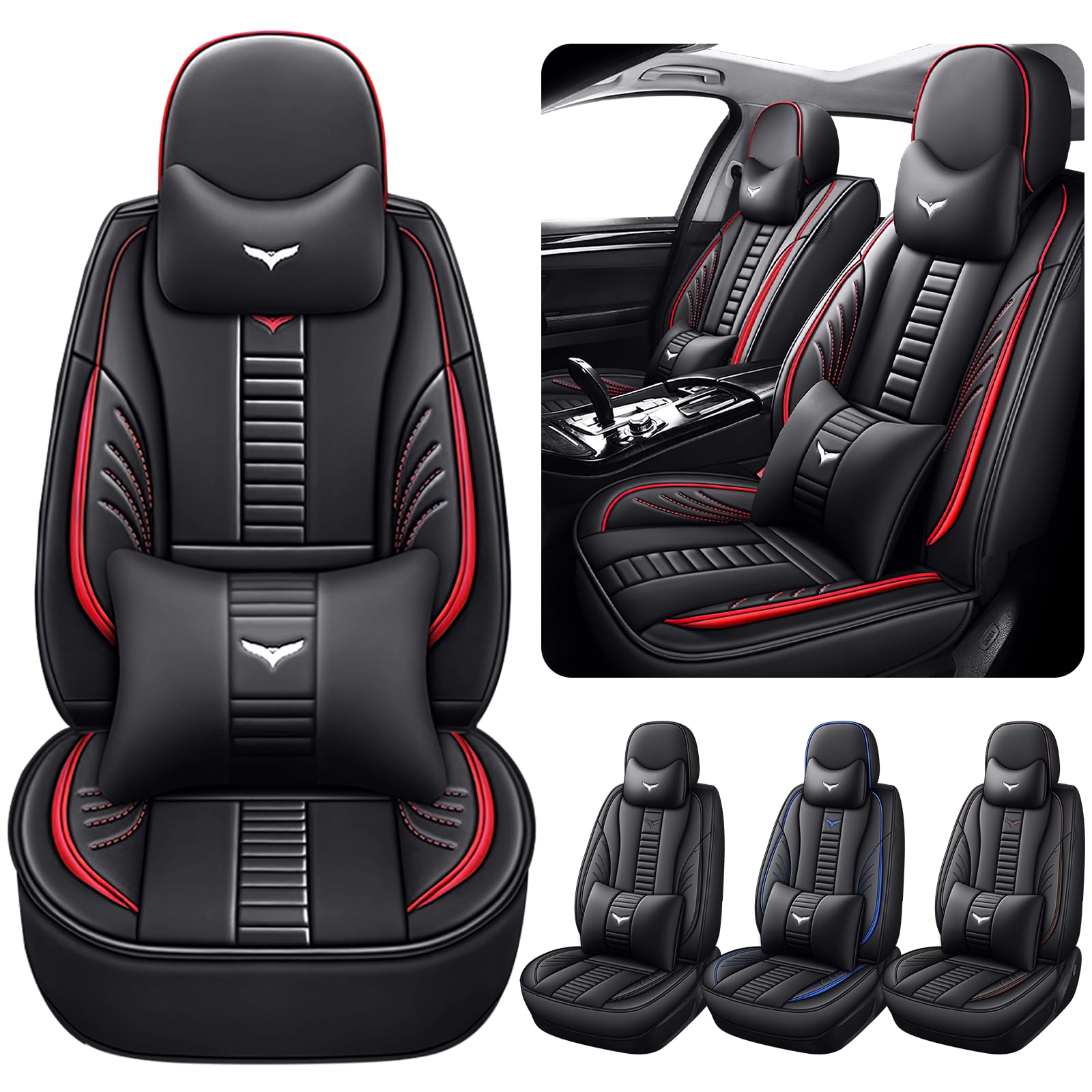 Luxury 2 Seats Car Seat Covers Protectors for Toyota Corolla Cross 2025, Back Storage Bag Design & Headrest Pillow & Lumbar Support Black & Red Line