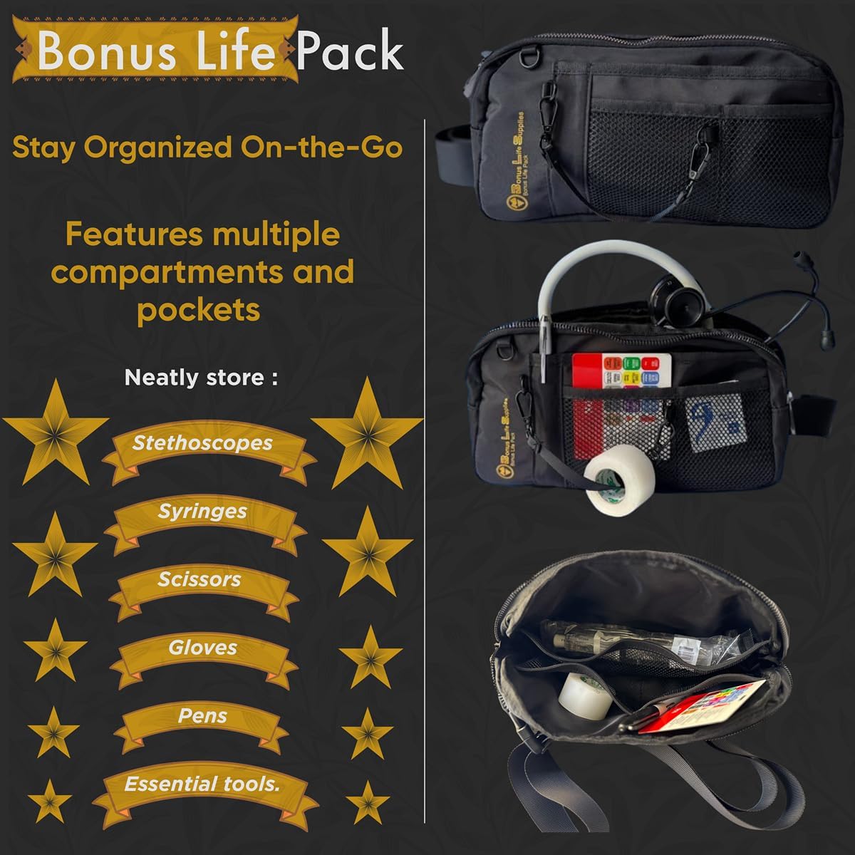 Bonus Life Pack I Medical Fanny Pack I Sleek and Durable Water Resistant I Nursing Waist Pack (1 Pc) I Stethoscope packing I Multiple compartment & Pocket Utility I Pen and Tape holding Utility
