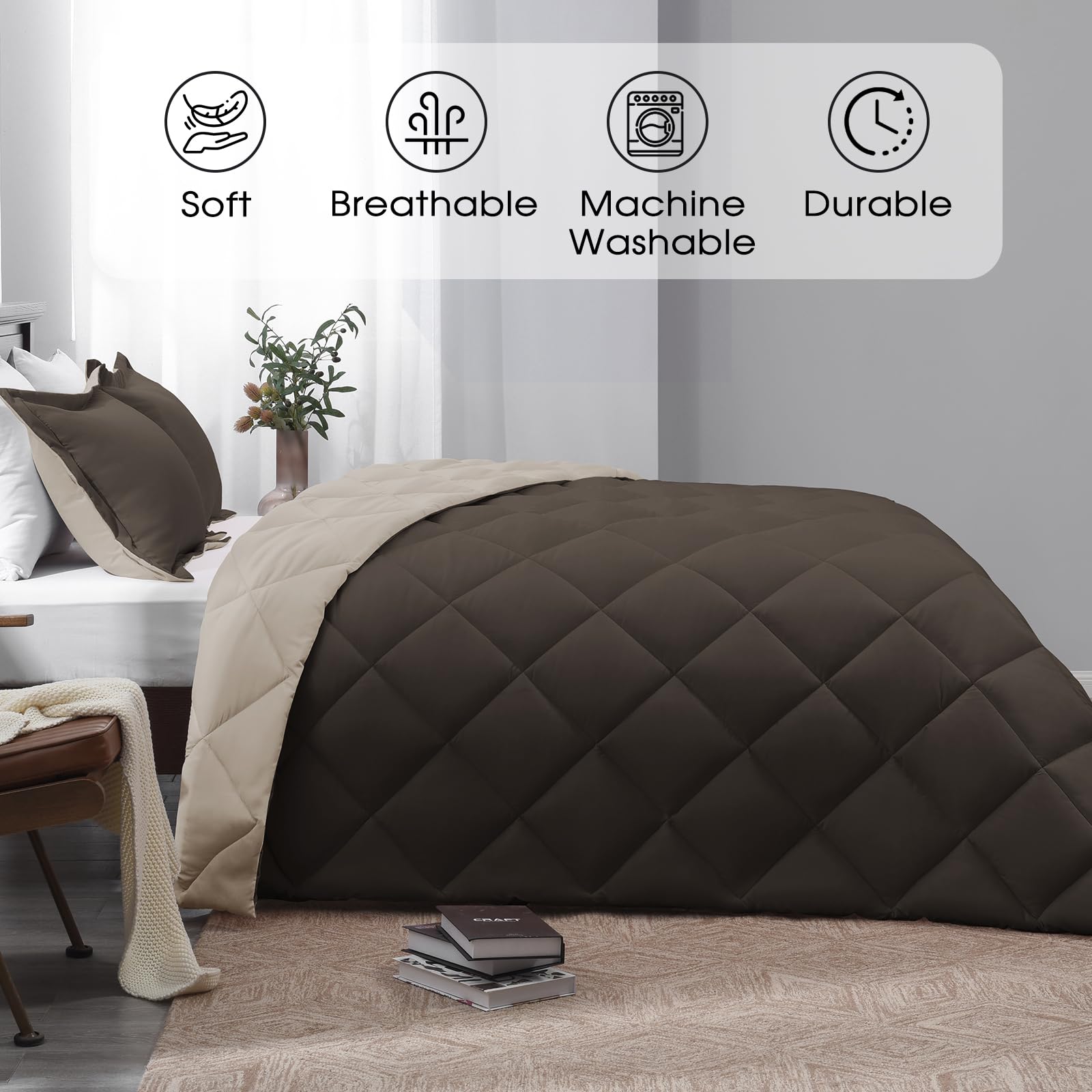 Basic Beyond Zestaw pościeli w rozmiarze queen, dwustronny zestaw pościeli na wszystkie pory roku, 1 kołdra (224 x 234 cm) i 2 poszewki na poduszki (51 x 66 cm + 5 cm), brązowy/kość słoniowa