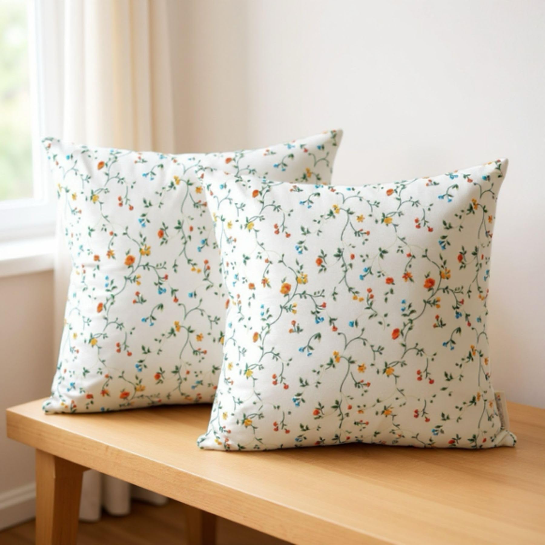 Cotton Linen Cushion Covers 45x45cm – Set of 2 Decorative Throw Pillow Covers with Hidden Zipper, 100% Sustainable Square Throw Pillowcases for Sofa Couch Bed & Living Room - Blossom Trail