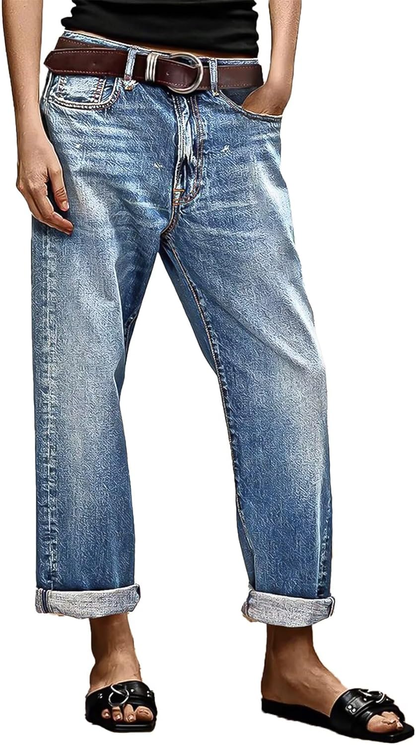 Flamingals Straight Leg Jeans for Women Boyfriend Mid Rise Roll Hem Wash Cropped Denim Pants Without Belt