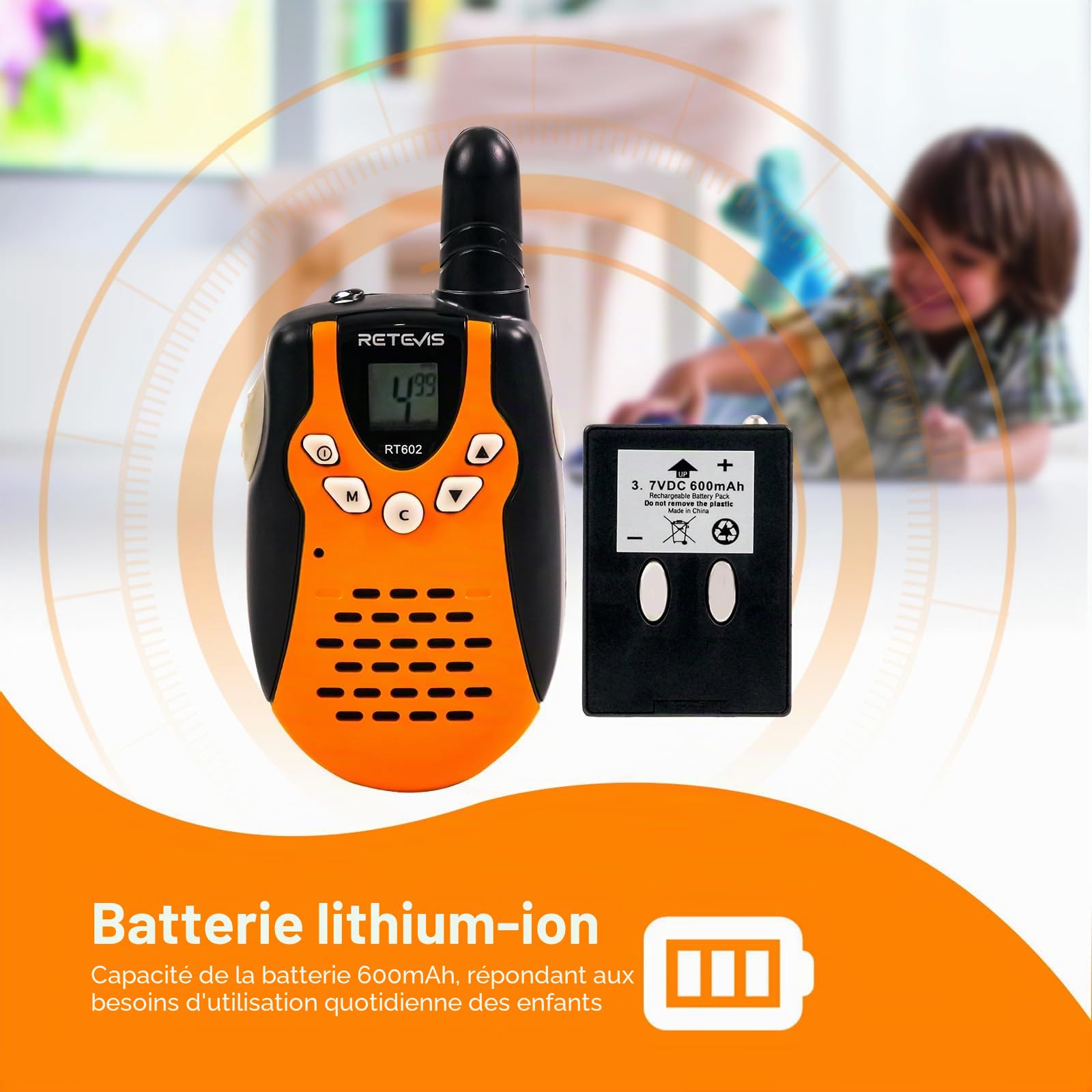 Retevis RT602 Talkie Walkie Enfant Rechargeable avec Base de Chargement et Batterie Li-Ion, Lampe Poche, Cadeau Camping Aventure (1 Paire, Orange)