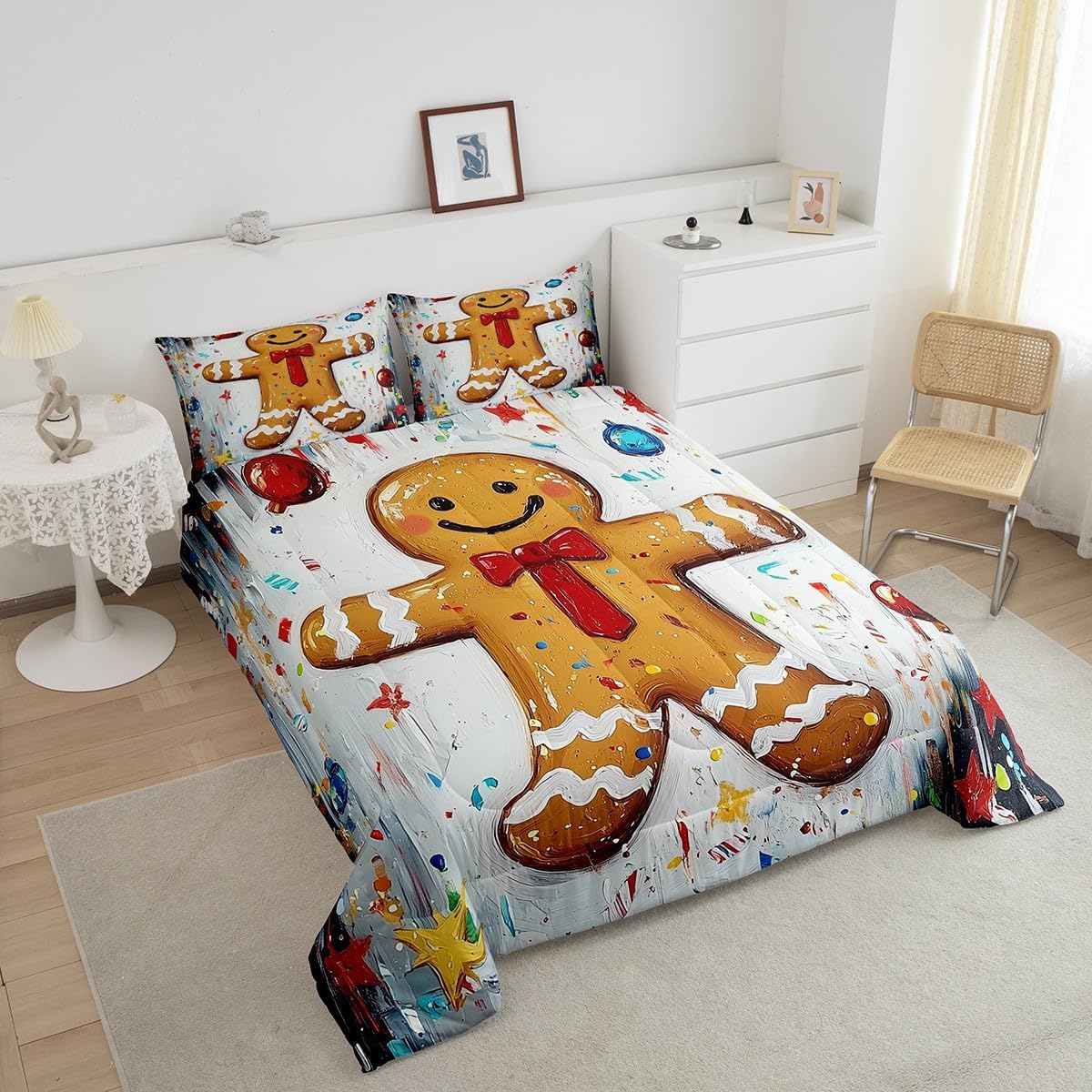 Homewish Merry Christmas Comforter Set Queen Size,Watercolor Xmas Theme Art Graffiti Bedding Set for Women Adult,Cartoon Cute Gingerbread Man Cookie Print Luxury Bed Duvet Insert, 2 Pillowcases