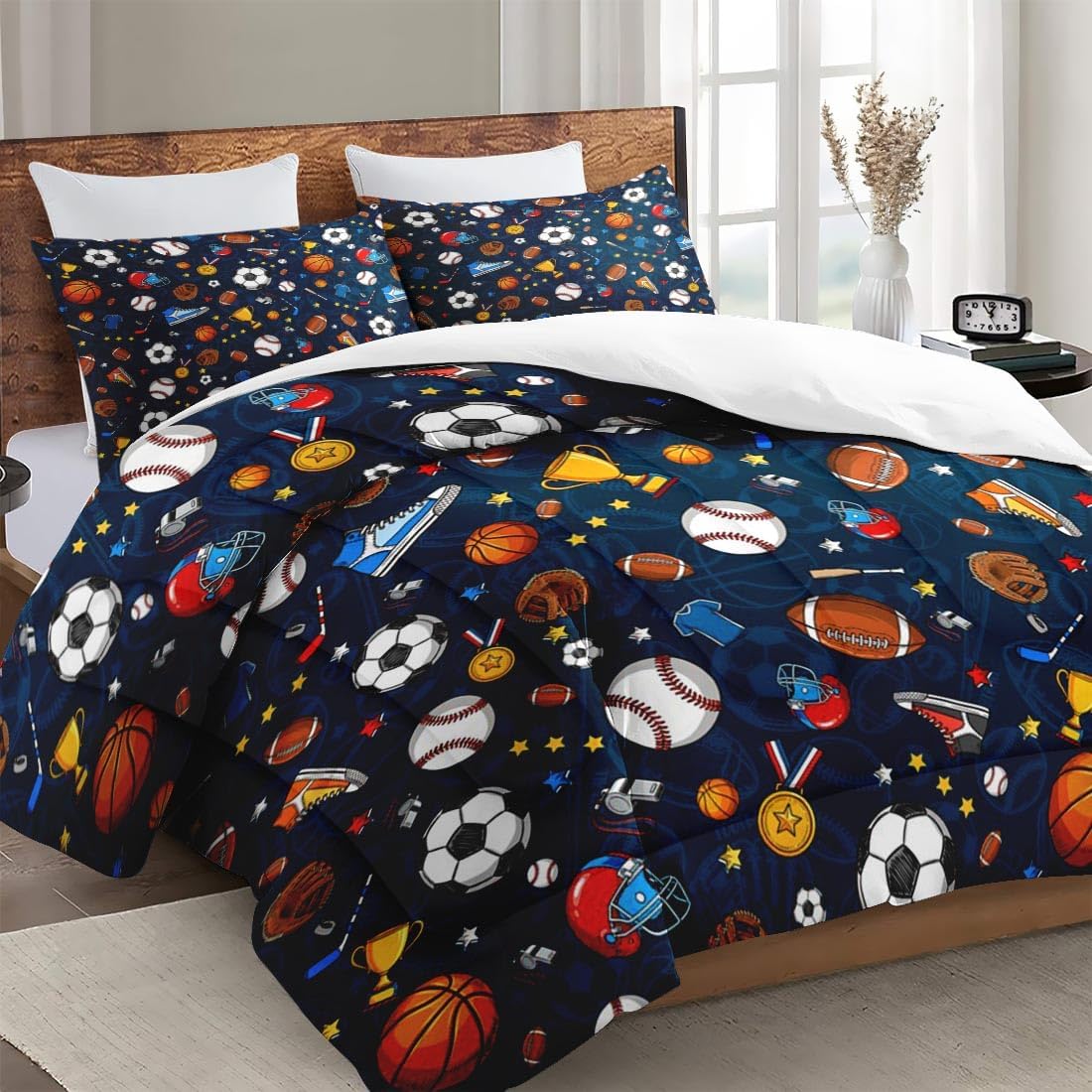 Queen Size Bedroom Comforter Set with 2 Pillowcases, Blue Sports Hat Baseball Basketball Football, Bedding Decor Navy Rugby Ball 3D Soccer Hockey Soft Cozy Bed Set for Kids and Adults
